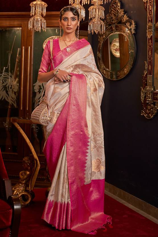 White Elegant Tanchoi Woven Banarasi Silk Blend Saree with Blouse Piece