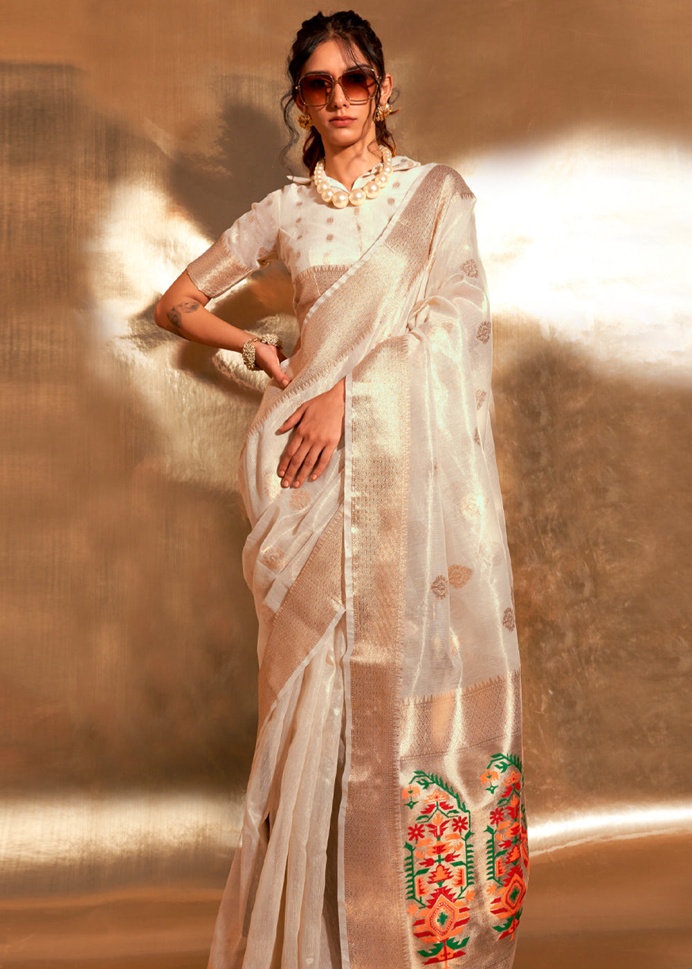 White Elegant Tissue Paithani Silk Saree with Designer Border & Embroidered Pallu
