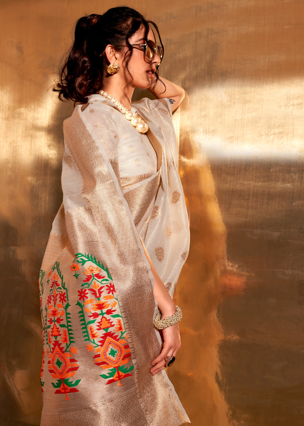 White Elegant Tissue Paithani Silk Saree with Designer Border & Embroidered Pallu