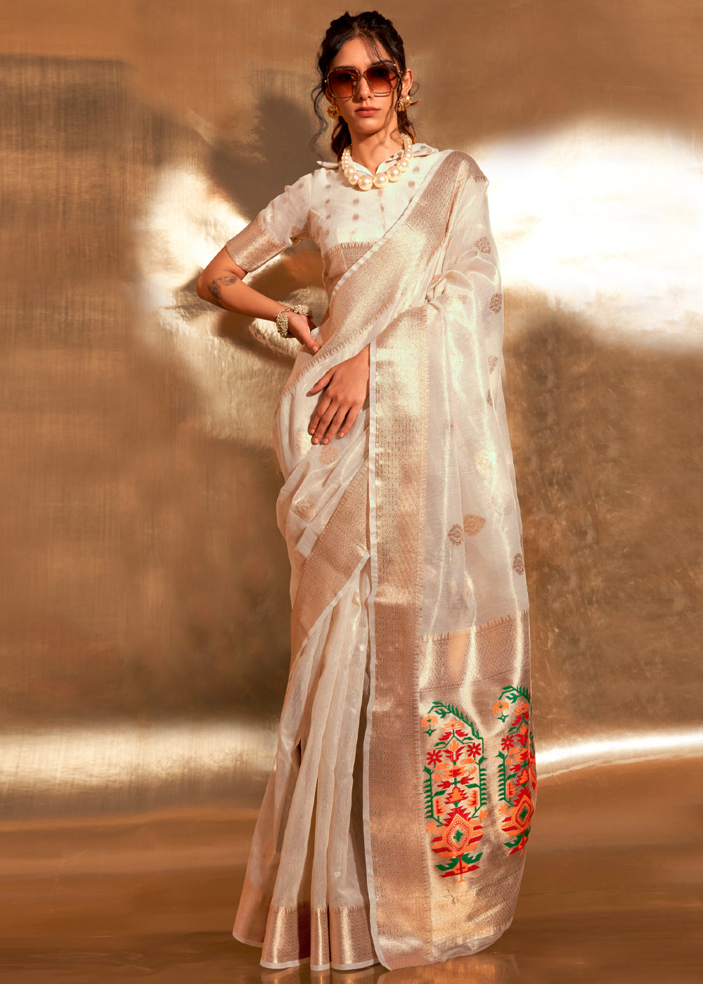 White Elegant Tissue Paithani Silk Saree with Designer Border & Embroidered Pallu