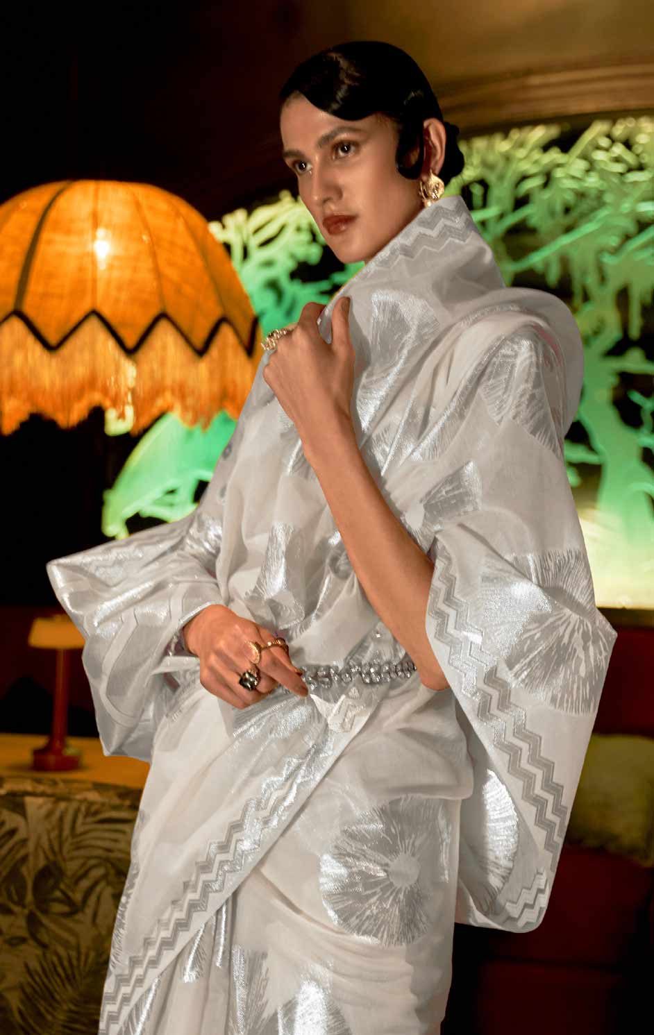 White Banarasi Silk Unstitched Saree with Designer Border