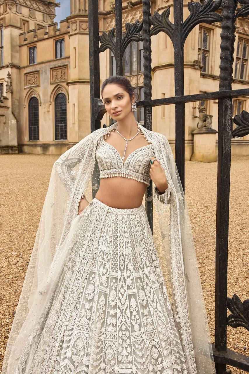 White Embellished Net Lehenga Set