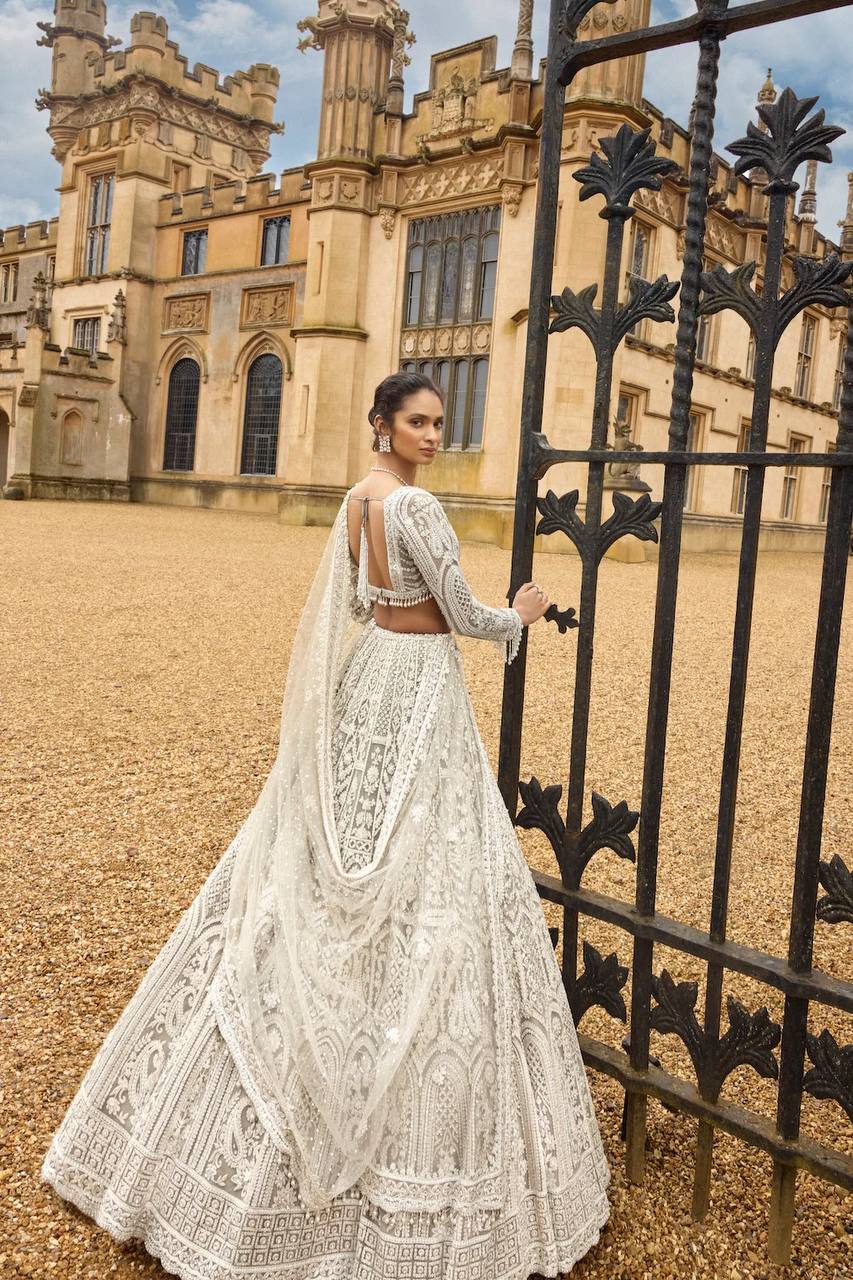 White Embellished Net Lehenga Set