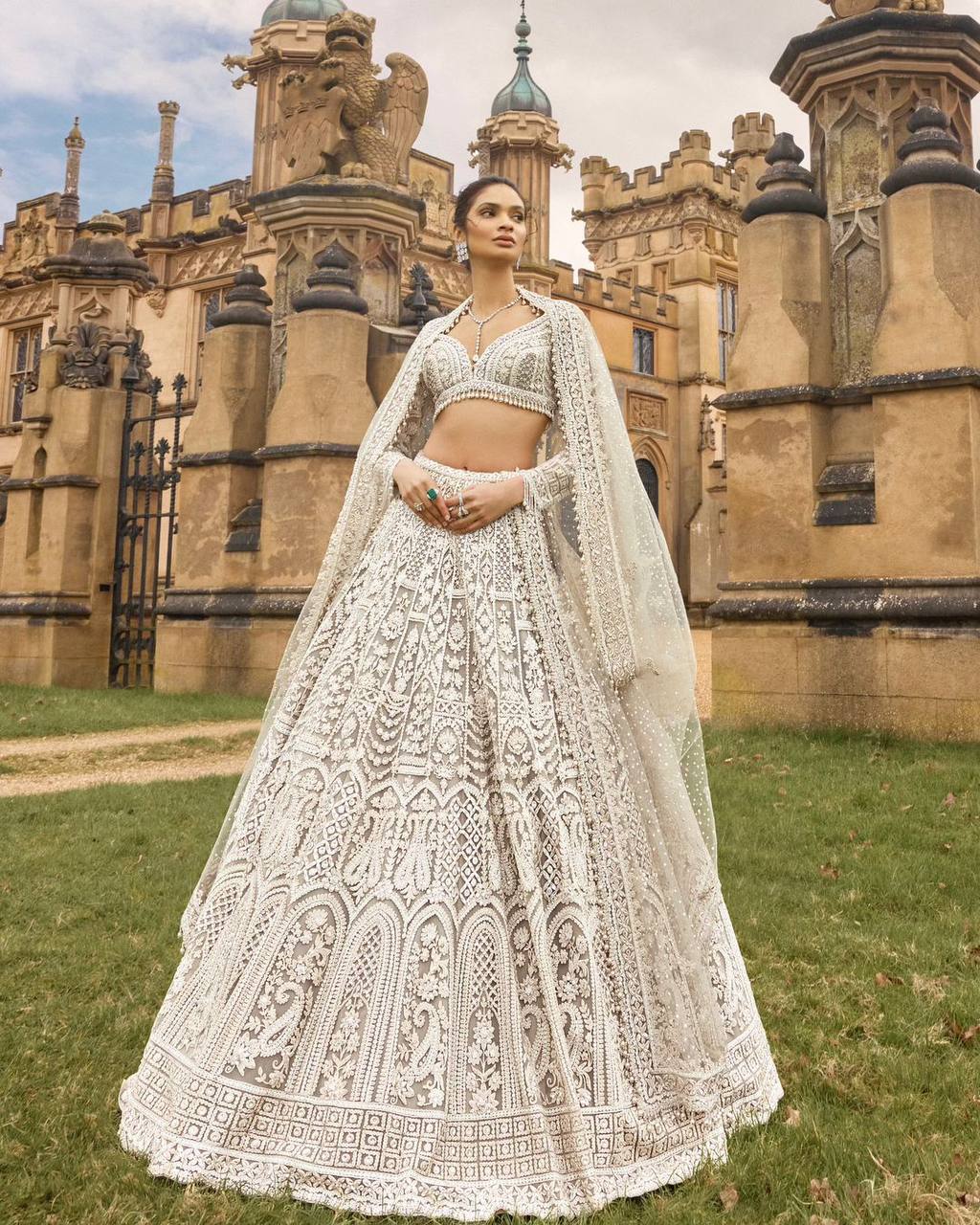 White Embellished Net Lehenga Set