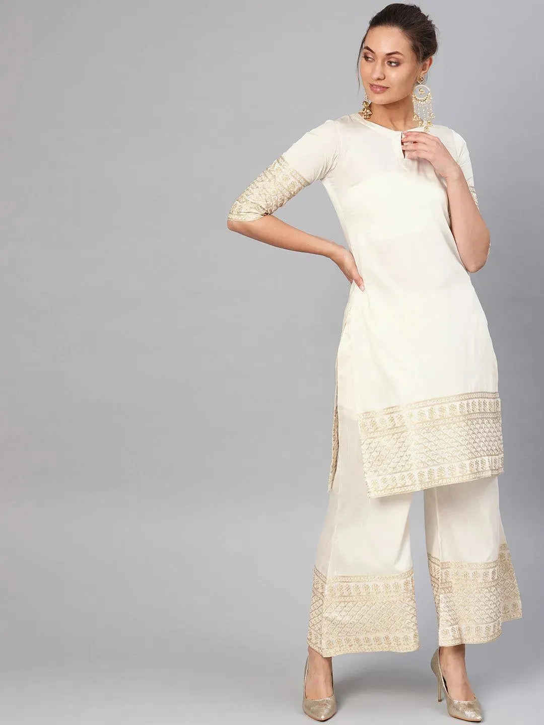 Anouk White Embroidered Chanderi Silk Straight Kurta With Palazzos