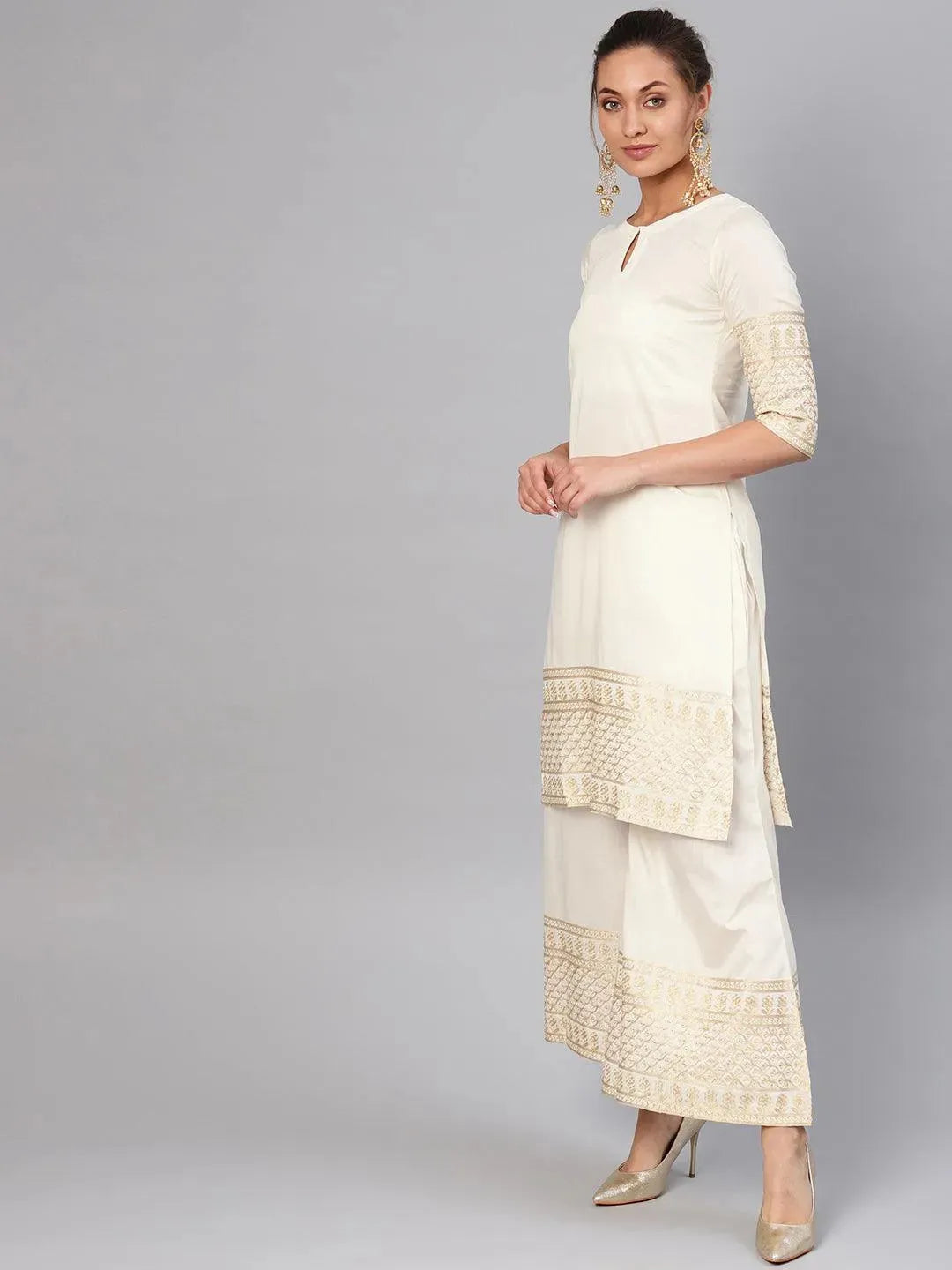Anouk White Embroidered Chanderi Silk Straight Kurta With Palazzos