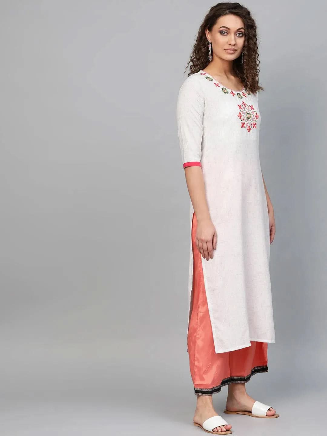 Anouk White Embroidered Cotton Kurta