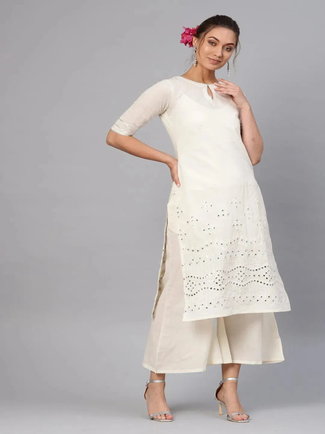 Anouk White Embroidered Cotton Straight Kurta With Palazzos