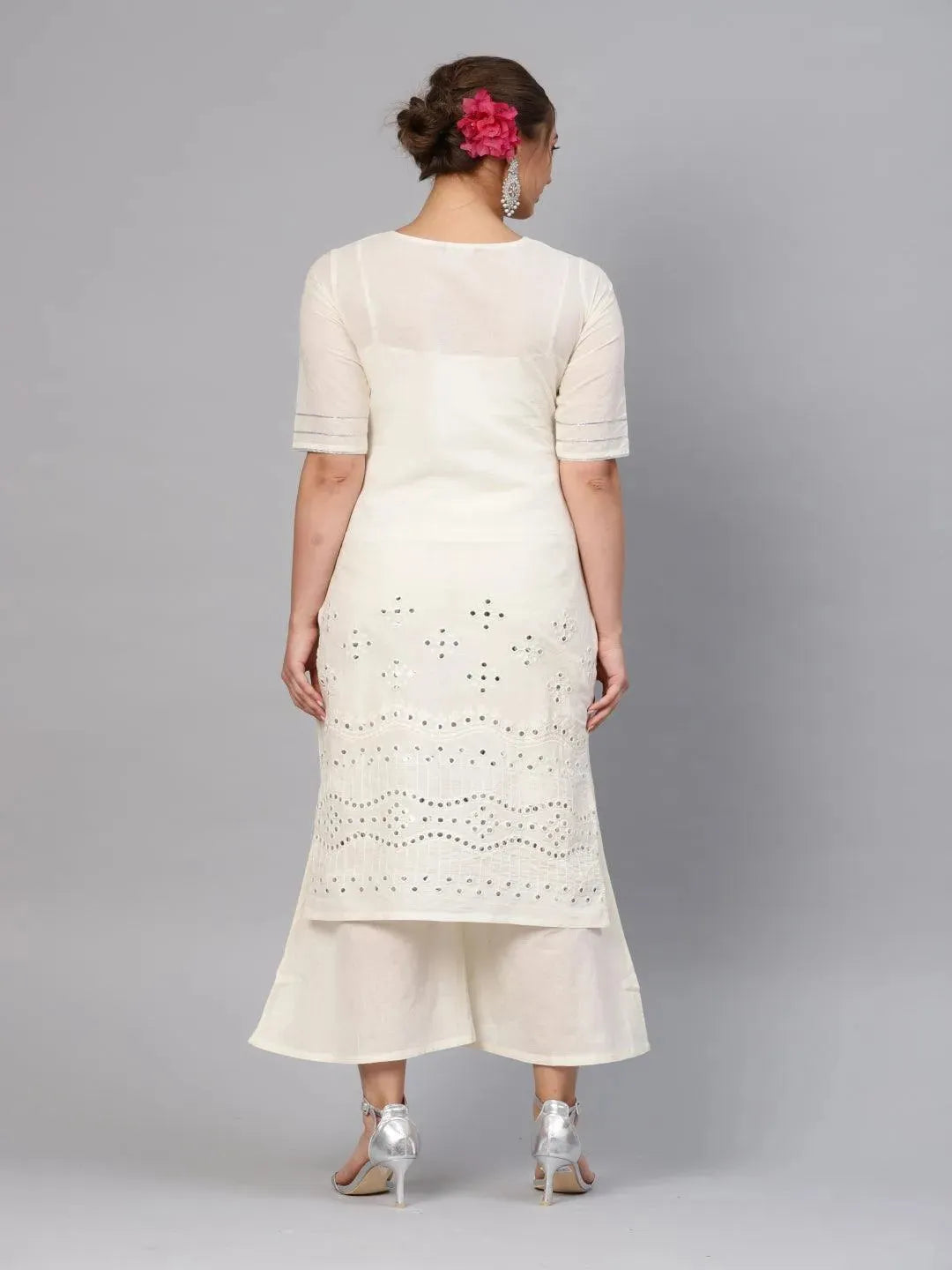 Anouk White Embroidered Cotton Straight Kurta With Palazzos