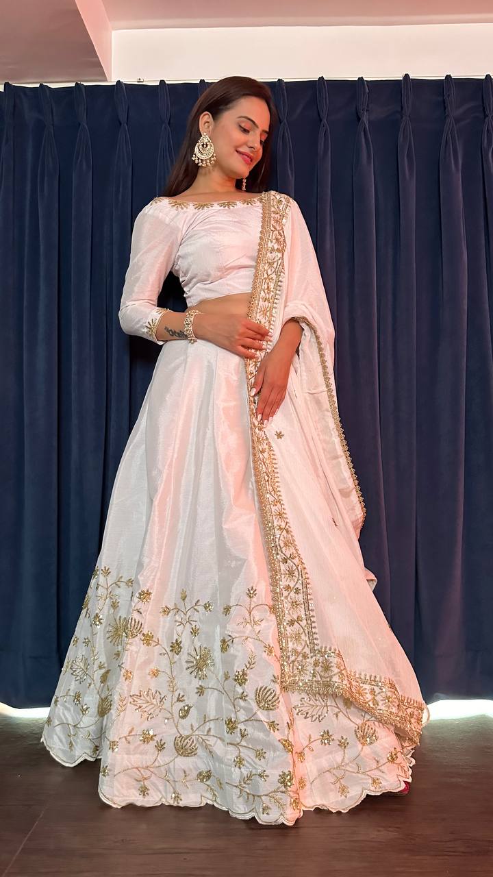 White Ethereal Beauty – Slub Silk Zari & Sequin Lehenga Set