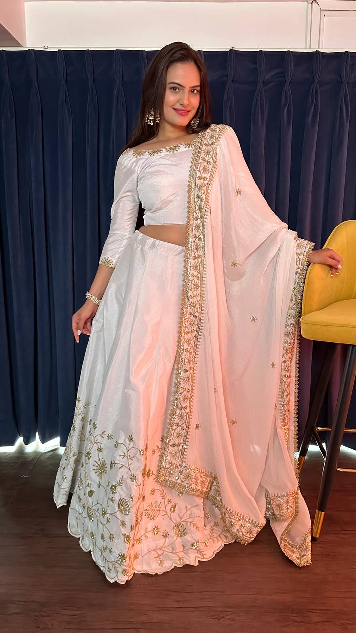 White Ethereal Beauty – Slub Silk Zari & Sequin Lehenga Set