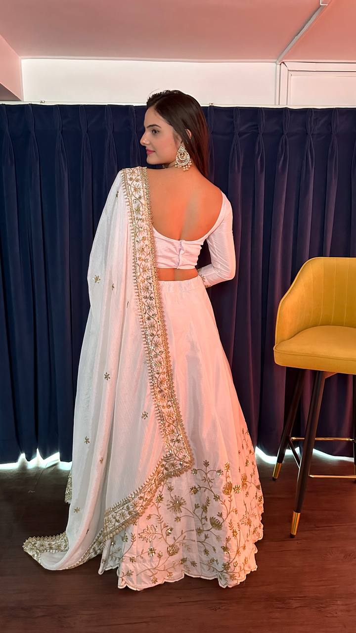White Ethereal Beauty – Slub Silk Zari & Sequin Lehenga Set