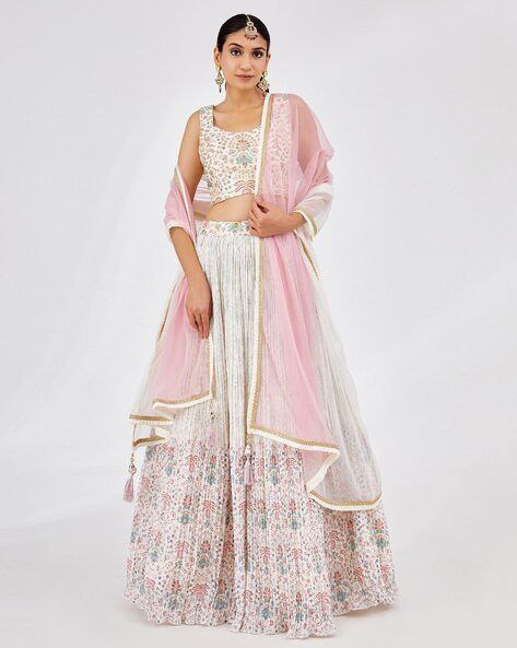 White Faux Georgette Printed Semi-Stitched Lehenga with Canvas & Can-Can, Banglory Printed Zari–Sequins Blouse & Two-Shade Net Dupatta