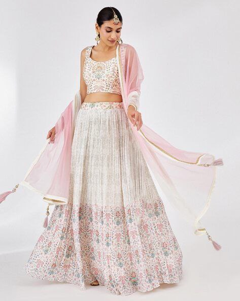 White Faux Georgette Printed Semi-Stitched Lehenga with Canvas & Can-Can, Banglory Printed Zari–Sequins Blouse & Two-Shade Net Dupatta