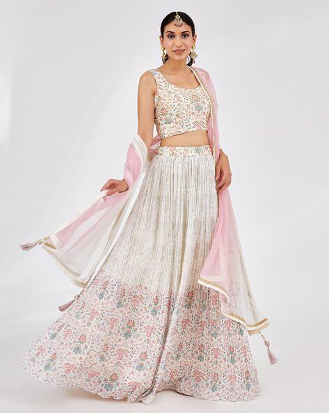 White Faux Georgette Printed Semi-Stitched Lehenga with Canvas & Can-Can, Banglory Printed Zari–Sequins Blouse & Two-Shade Net Dupatta