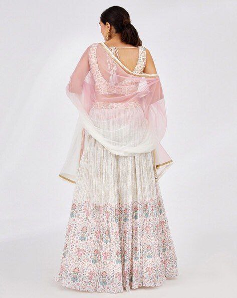 White Faux Georgette Printed Semi-Stitched Lehenga with Canvas & Can-Can, Banglory Printed Zari–Sequins Blouse & Two-Shade Net Dupatta