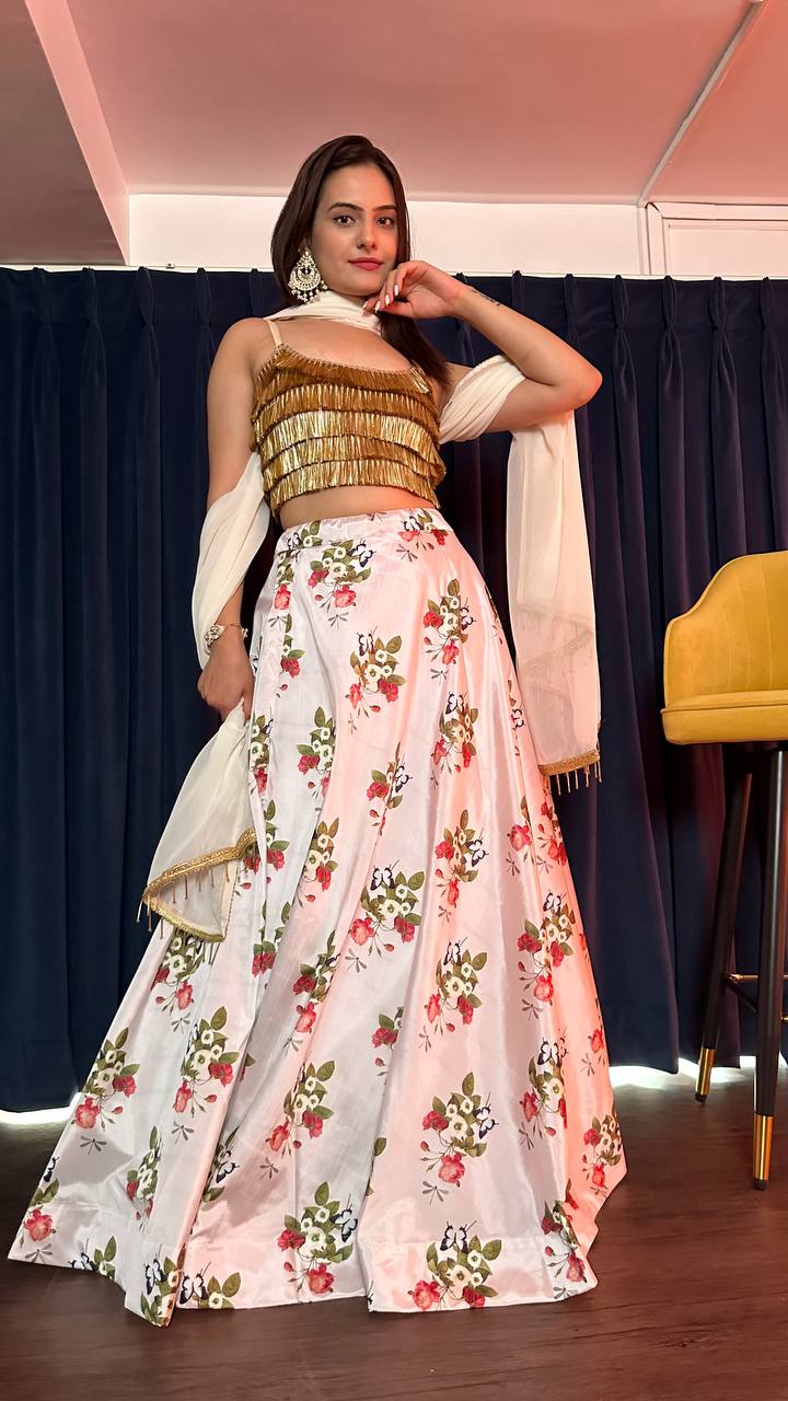 White Floral Magic Tapeta Silk Lehenga Set with Banarasi Jhul Work
