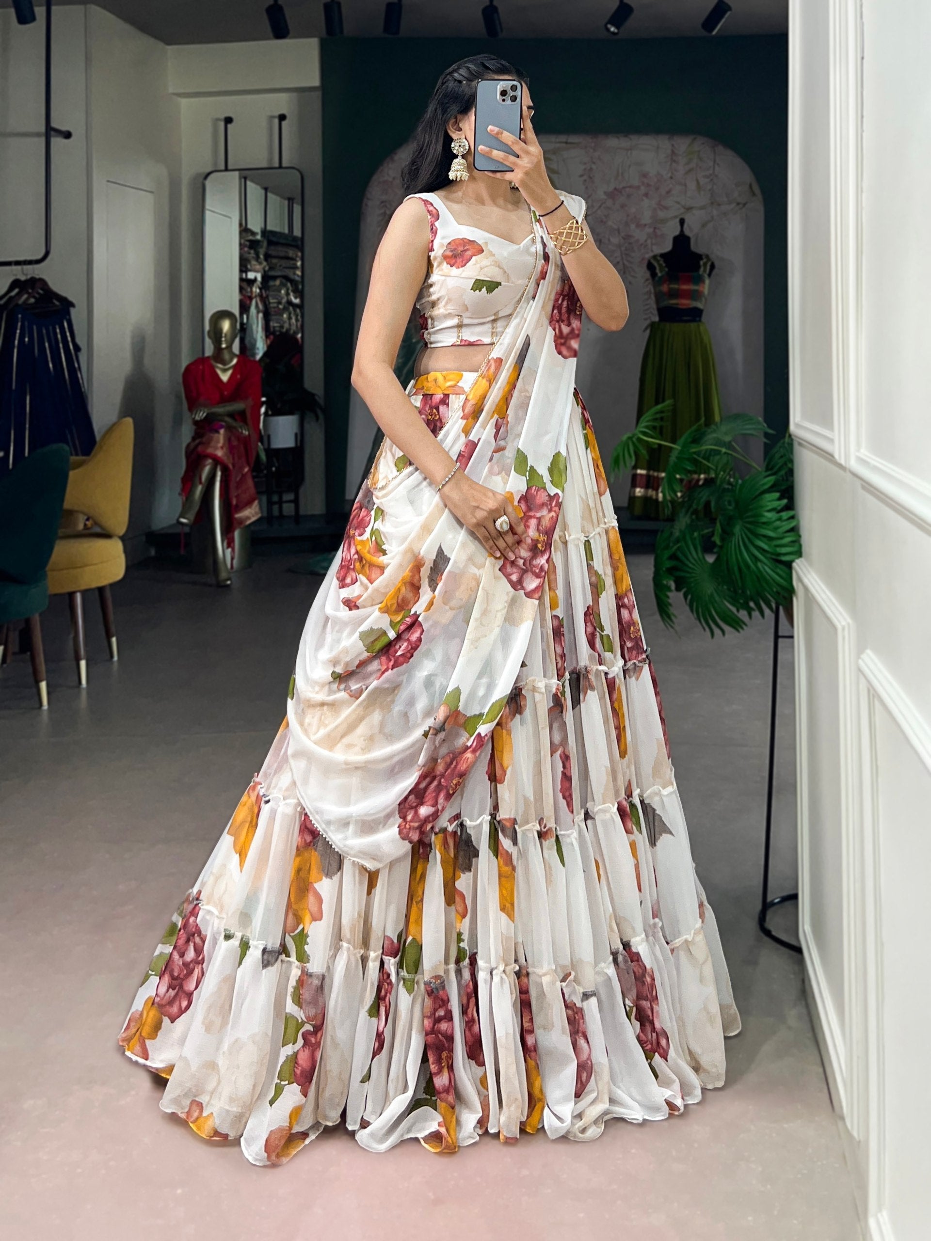 White Floral Print Lehenga Set