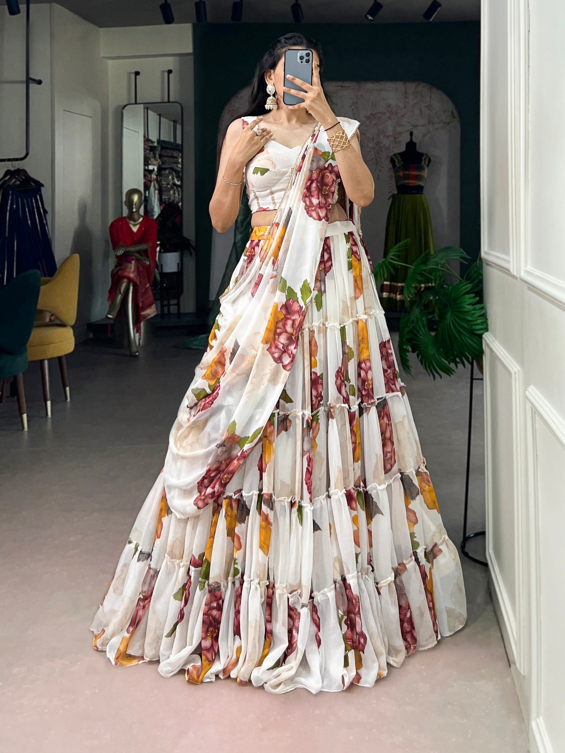 White Floral Print Lehenga Set