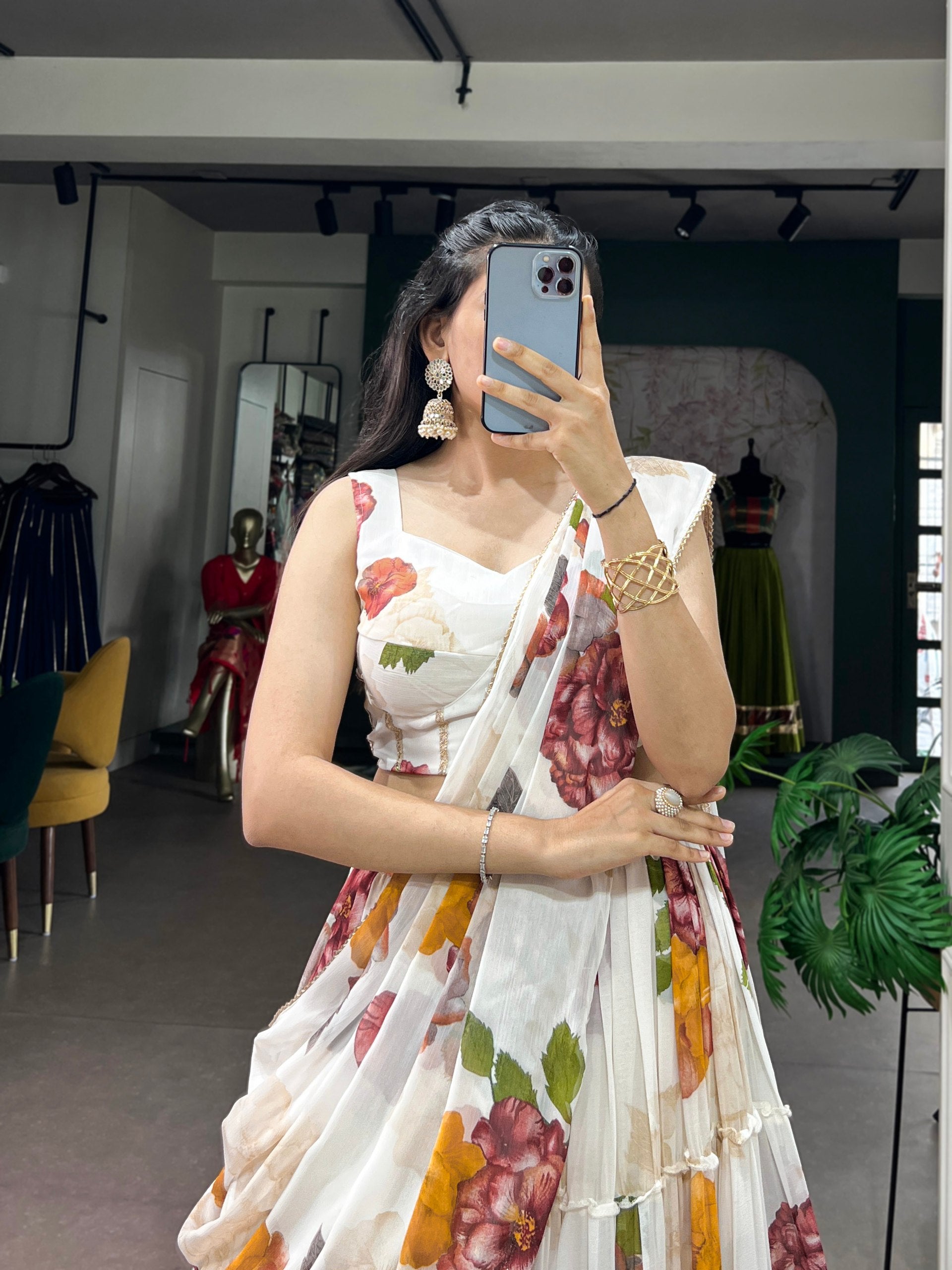 White Floral Print Lehenga Set