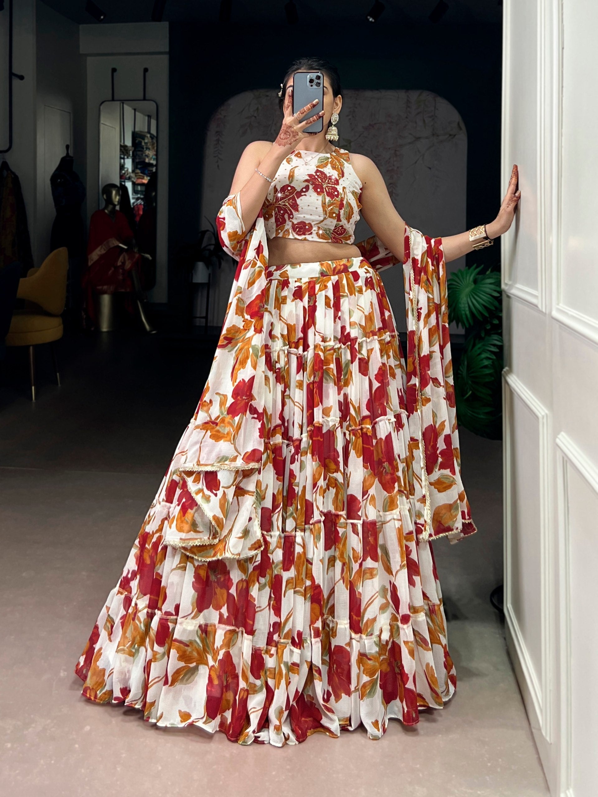 White Floral Printed Lehenga Choli Set