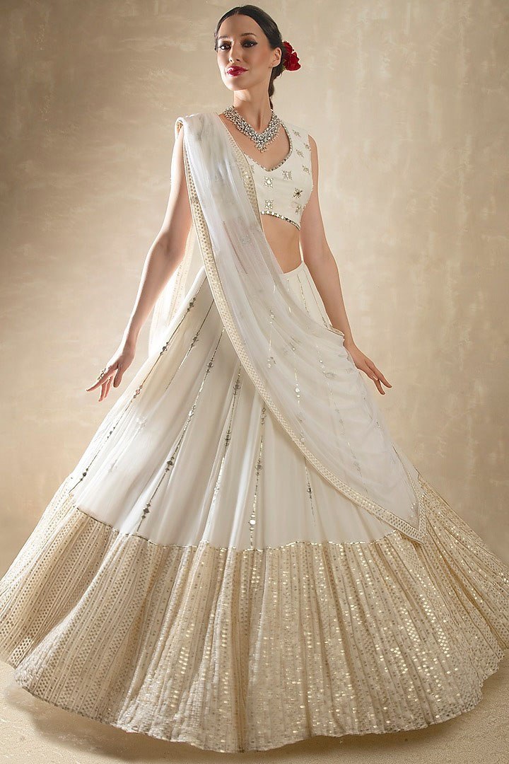 White Georgette Lehenga Set with Sequins, Jari & Paper Mirror Embroidery – Semi-Stitched with Dupatta