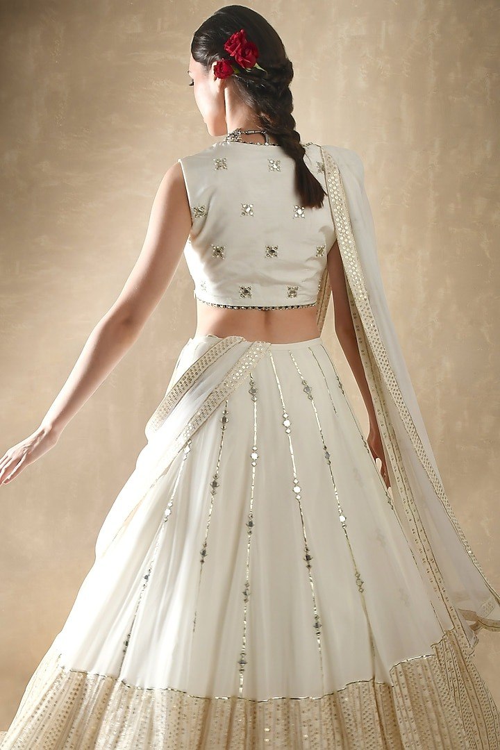 White Georgette Lehenga Set with Sequins, Jari & Paper Mirror Embroidery – Semi-Stitched with Dupatta