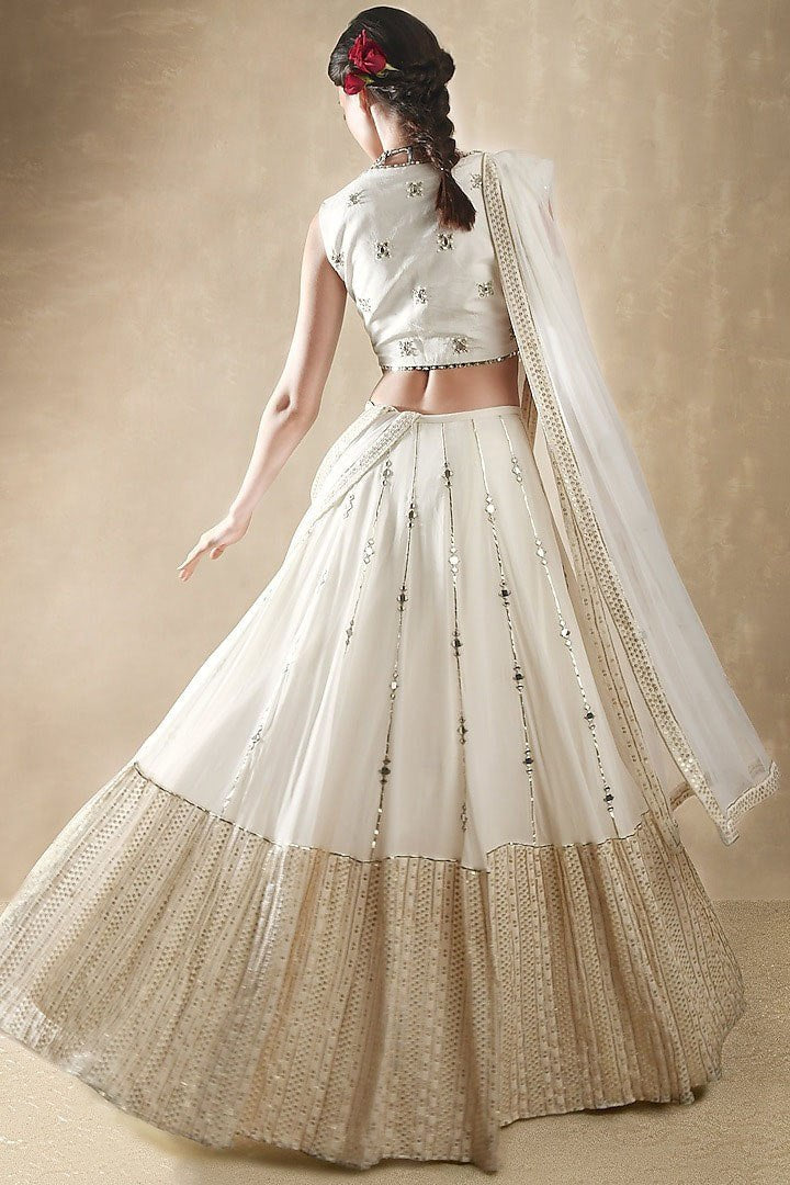 White Georgette Lehenga Set with Sequins, Jari & Paper Mirror Embroidery – Semi-Stitched with Dupatta