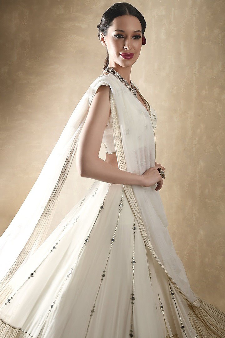 White Georgette Lehenga Set with Sequins, Jari & Paper Mirror Embroidery – Semi-Stitched with Dupatta