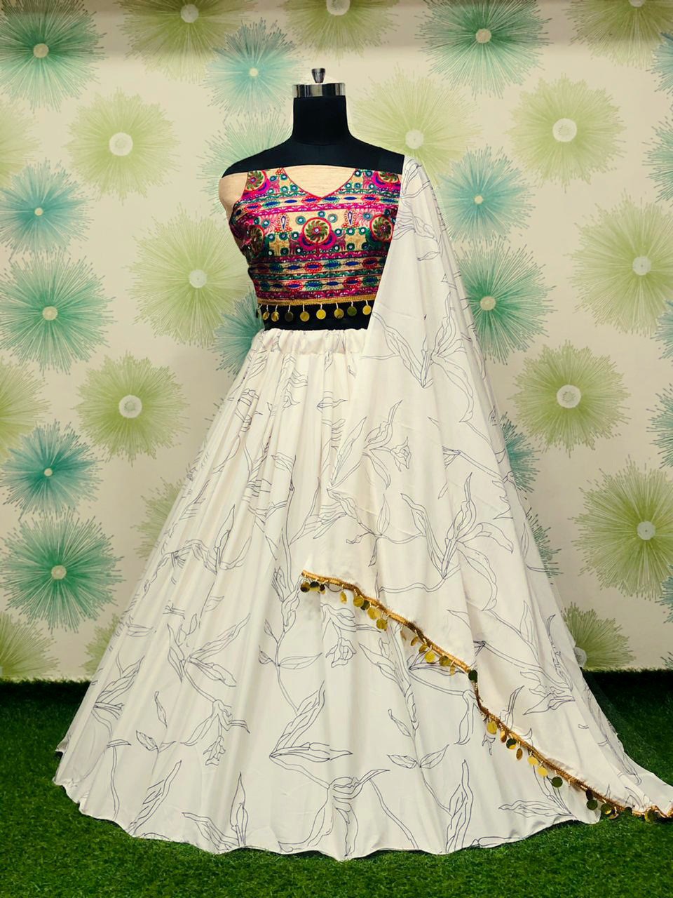 White Graceful Soft Silk Printed Lehenga Set – Mirror & Stone Embroidery