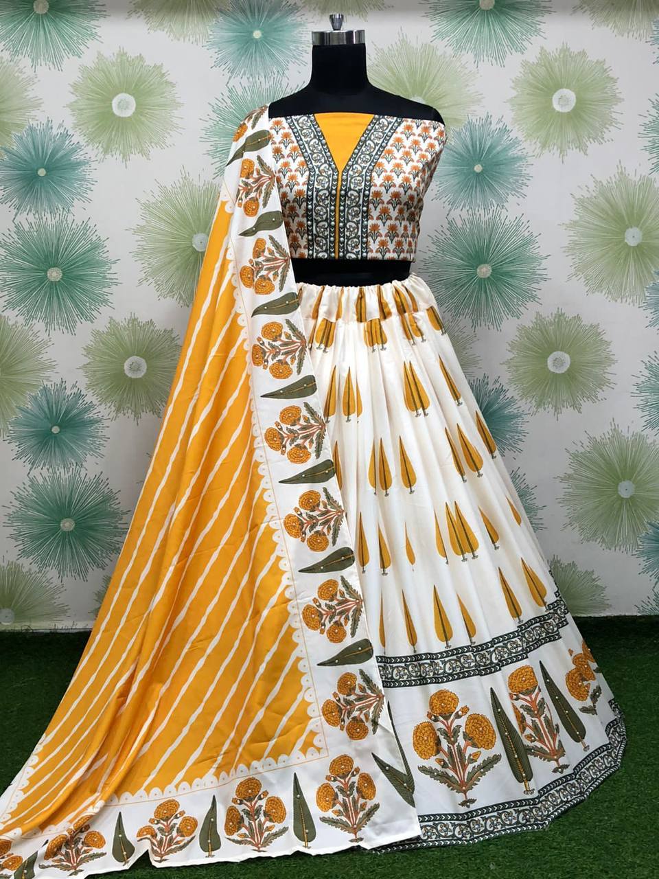 White Graceful Soft Silk Printed Lehenga Set with Pearl Detailing & Dupatta