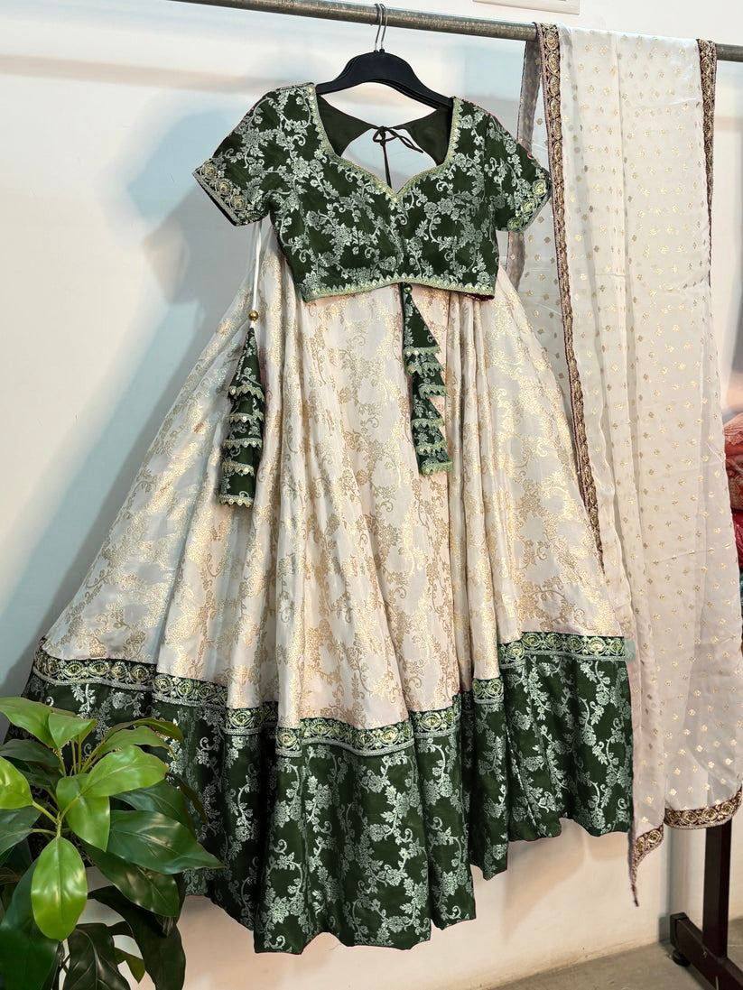 White & Green Glamorous Jequrd Semi-Stitched Lehenga Set with Sequins & Coding Work