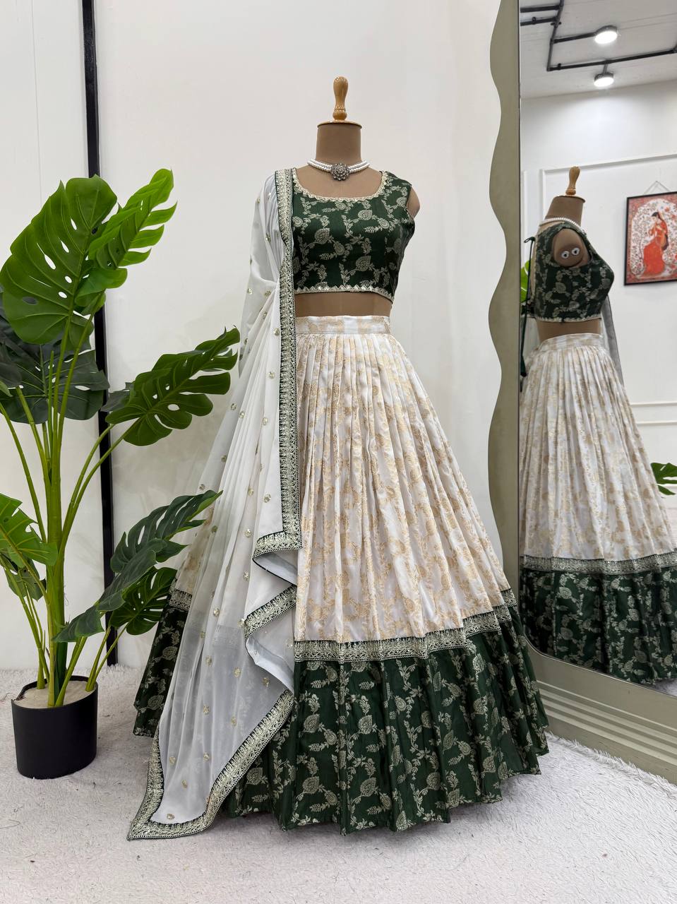 White & Green Glamorous Jequrd Semi-Stitched Lehenga Set with Sequins & Coding Work