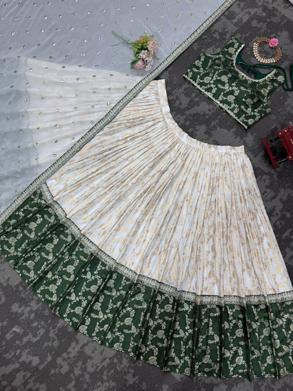 White & Green Glamorous Jequrd Semi-Stitched Lehenga Set with Sequins & Coding Work