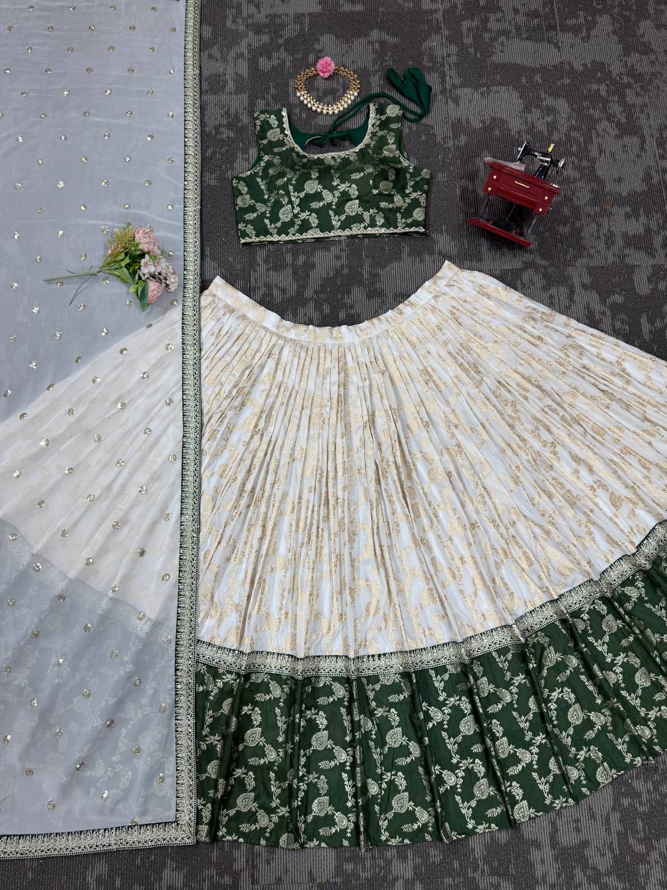 White & Green Glamorous Jequrd Semi-Stitched Lehenga Set with Sequins & Coding Work