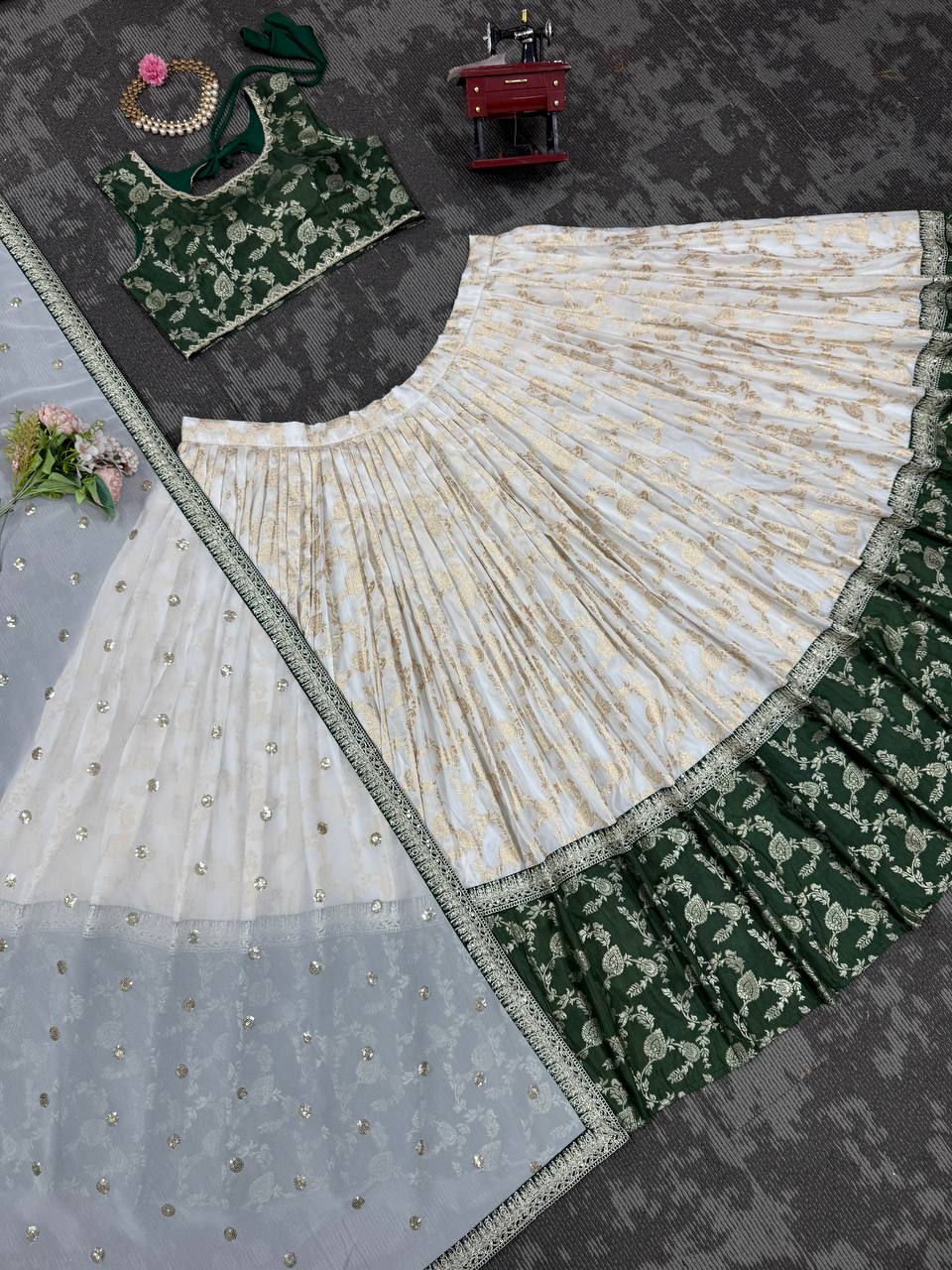 White & Green Glamorous Jequrd Semi-Stitched Lehenga Set with Sequins & Coding Work
