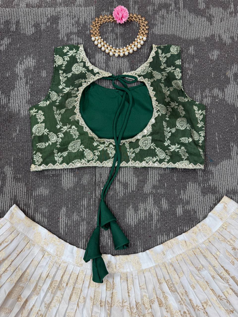 White & Green Glamorous Jequrd Semi-Stitched Lehenga Set with Sequins & Coding Work