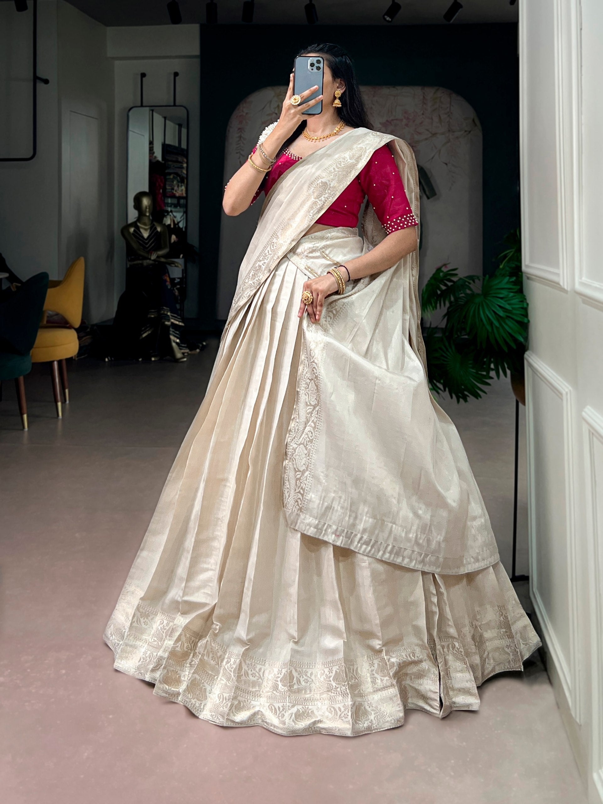 White Kanjivaram Lehenga Choli Set