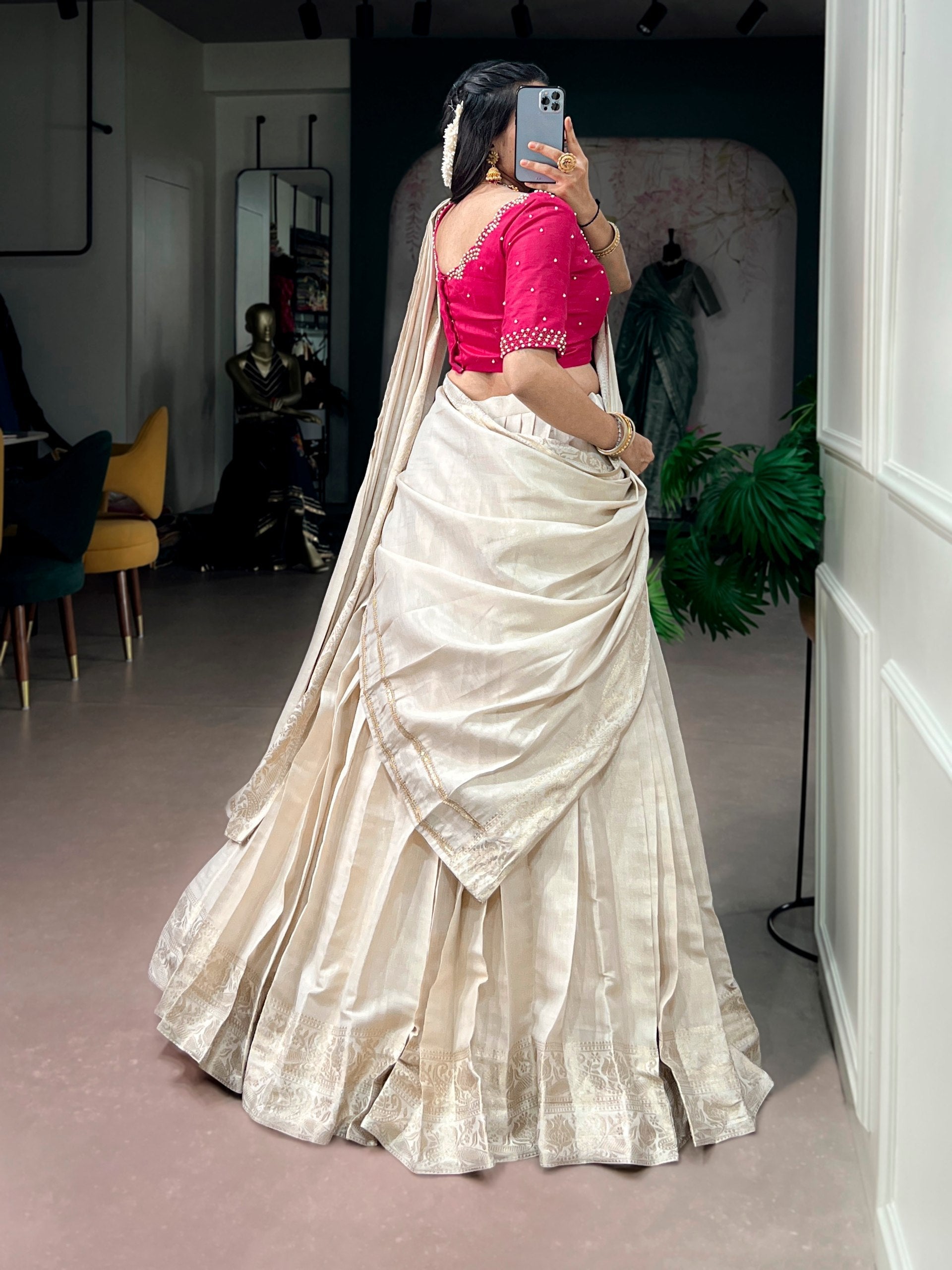 White Kanjivaram Lehenga Choli Set