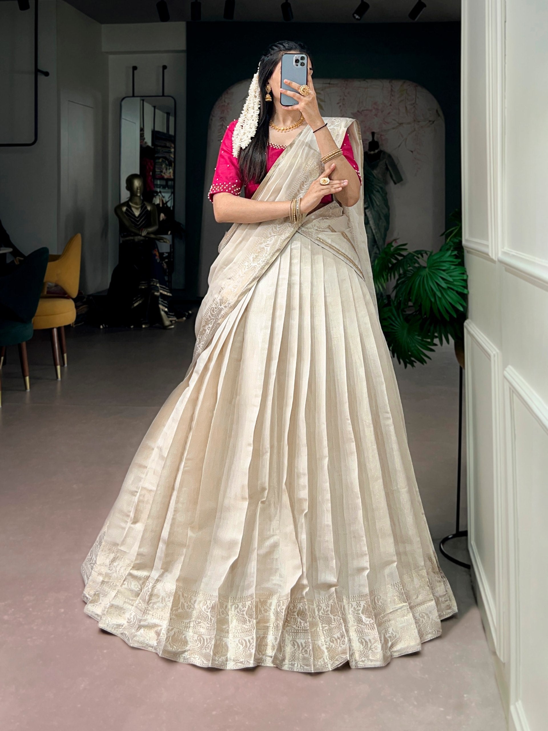 White Kanjivaram Lehenga Choli Set