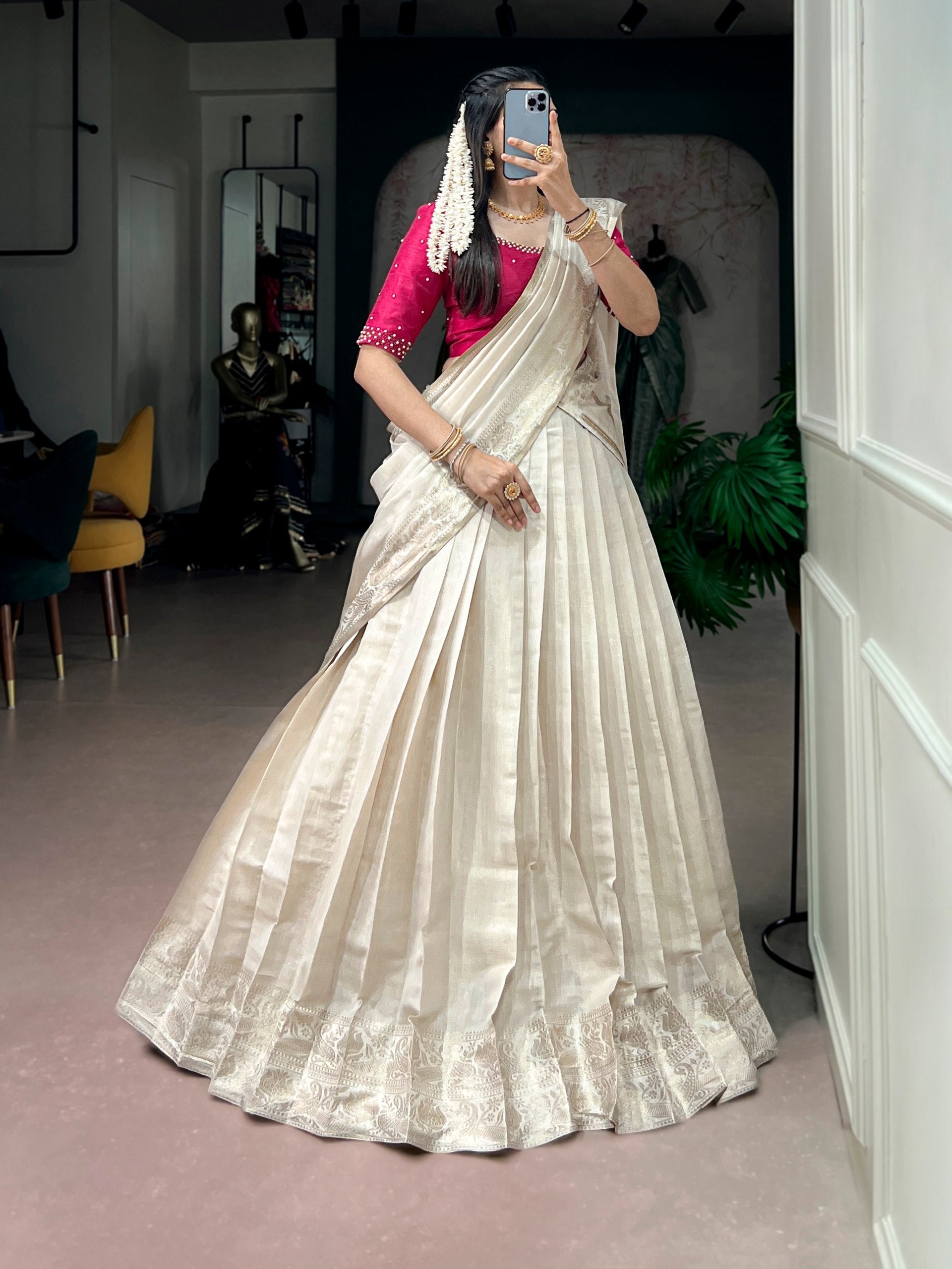 White Kanjivaram Lehenga Choli Set