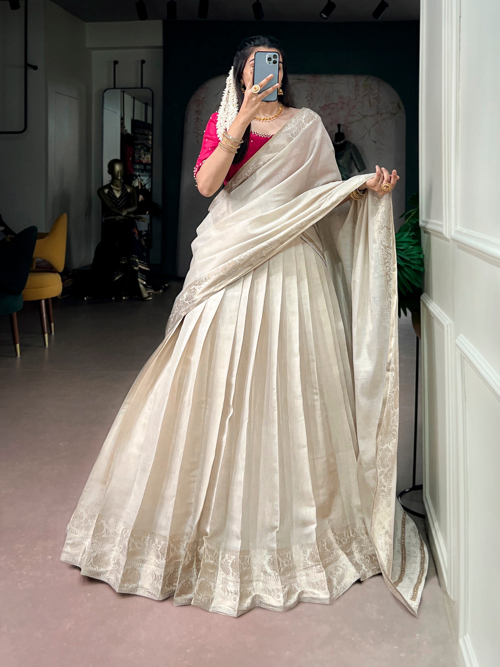 White Kanjivaram Lehenga Choli Set