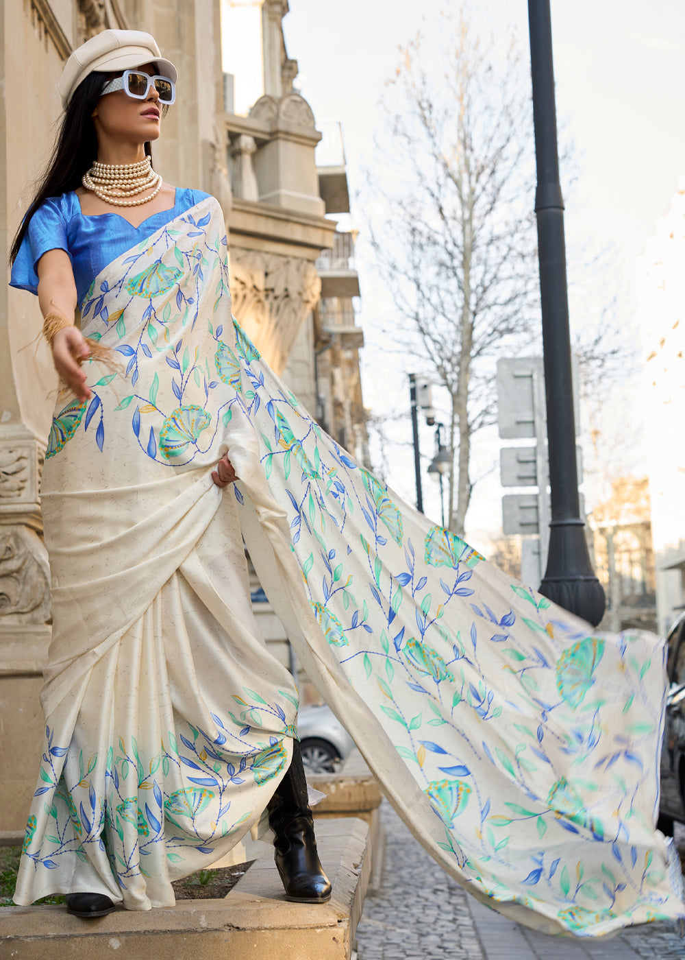 White Luxurious Satin Crepe Saree – Elegance with a Graceful Drape