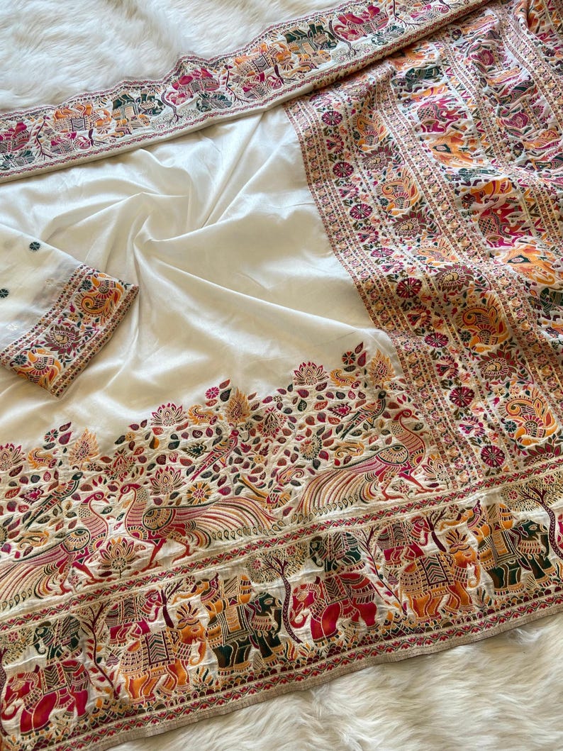 White Luxurious Soft Rajwadi Silk Saree with Kashmiri Thread Woven Pallu & Zari Border
