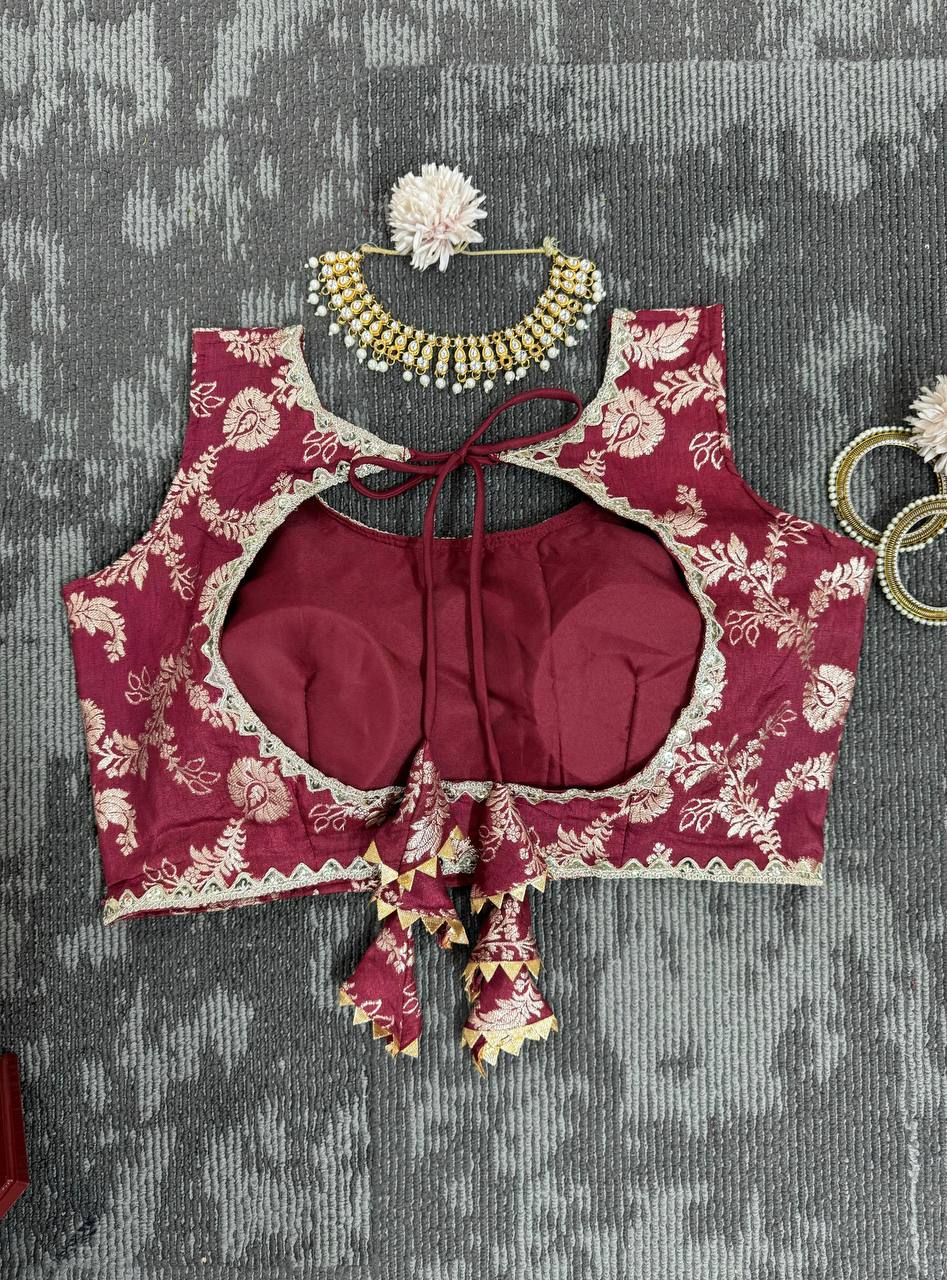 White & Maroon Glamorous Jequrd Semi-Stitched Lehenga Set with Sequins & Coding Work