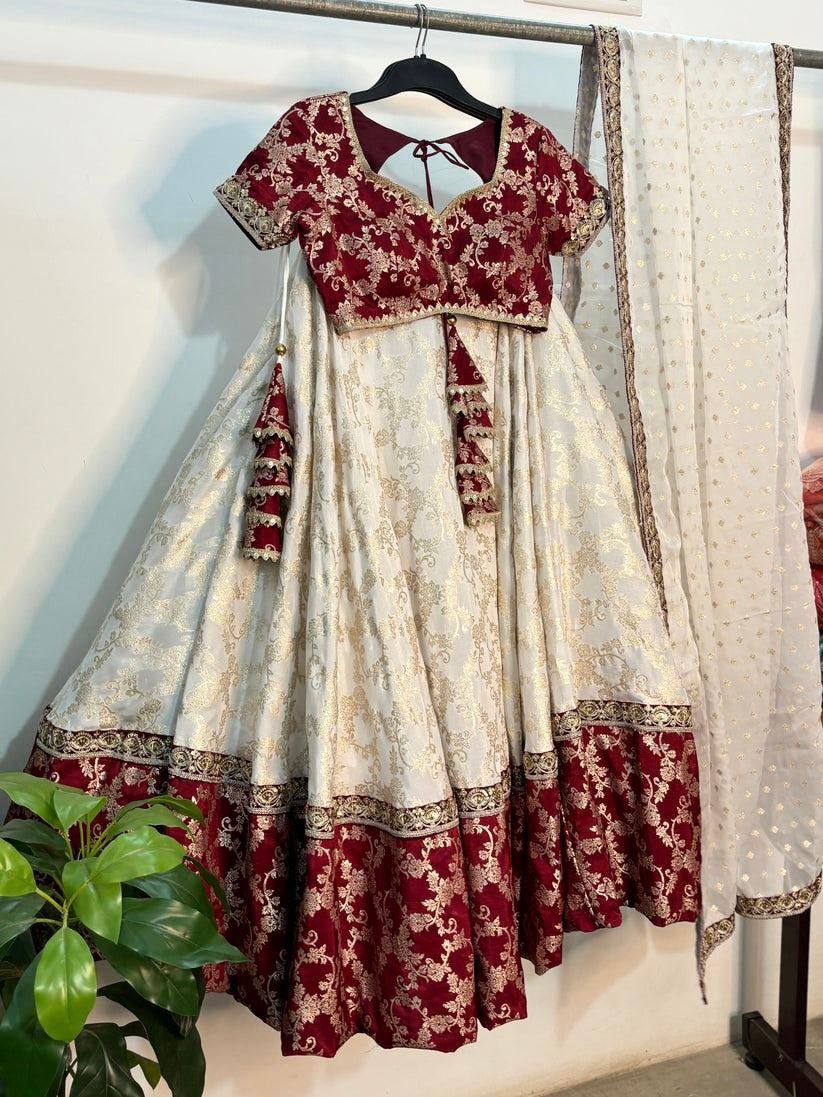 White & Maroon Glamorous Jequrd Semi-Stitched Lehenga Set with Sequins & Coding Work