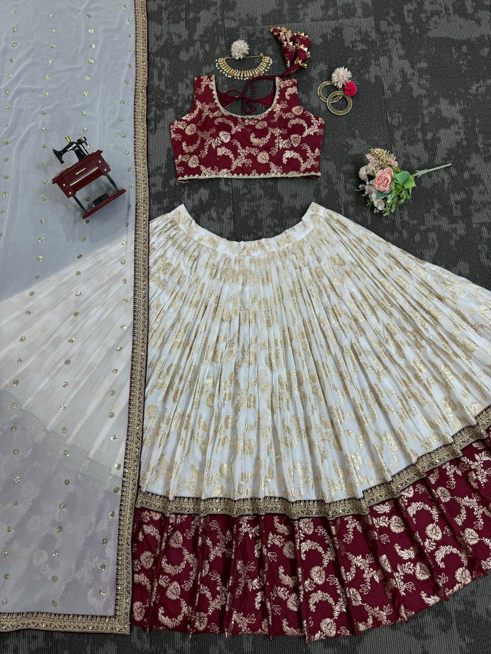 White & Maroon Glamorous Jequrd Semi-Stitched Lehenga Set with Sequins & Coding Work