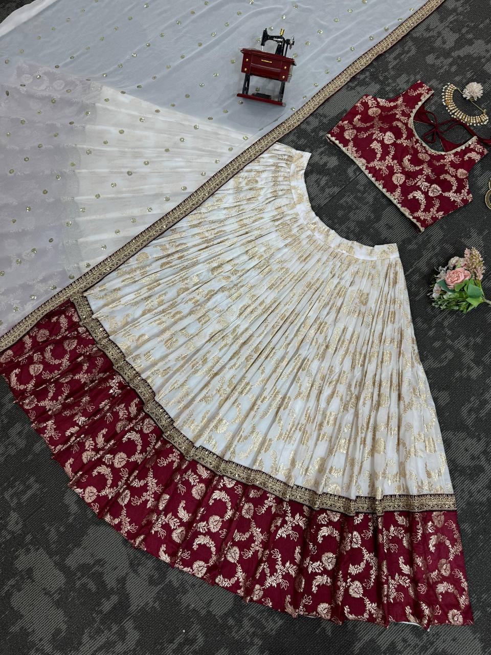 White & Maroon Glamorous Jequrd Semi-Stitched Lehenga Set with Sequins & Coding Work
