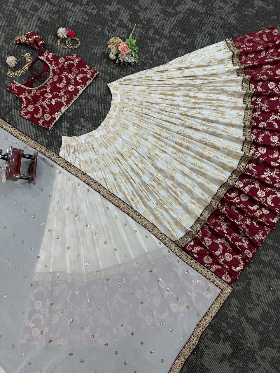 White & Maroon Glamorous Jequrd Semi-Stitched Lehenga Set with Sequins & Coding Work