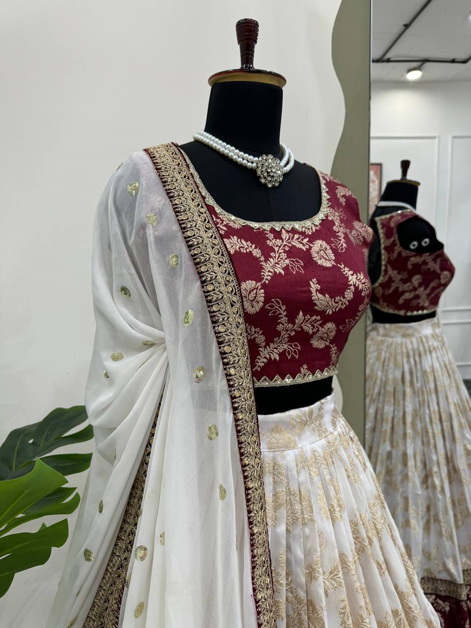 White & Maroon Glamorous Jequrd Semi-Stitched Lehenga Set with Sequins & Coding Work